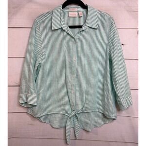 Chico's Mint-Striped Button-Front Tie Hem Shirt